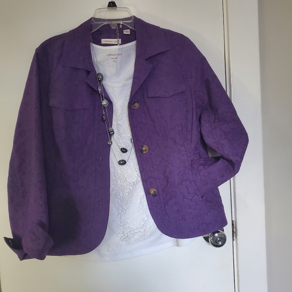 Coldwater Creek Jacket Purple Embroidered Print Collared Buttons Pockets Size 14 - Picture 8 of 10